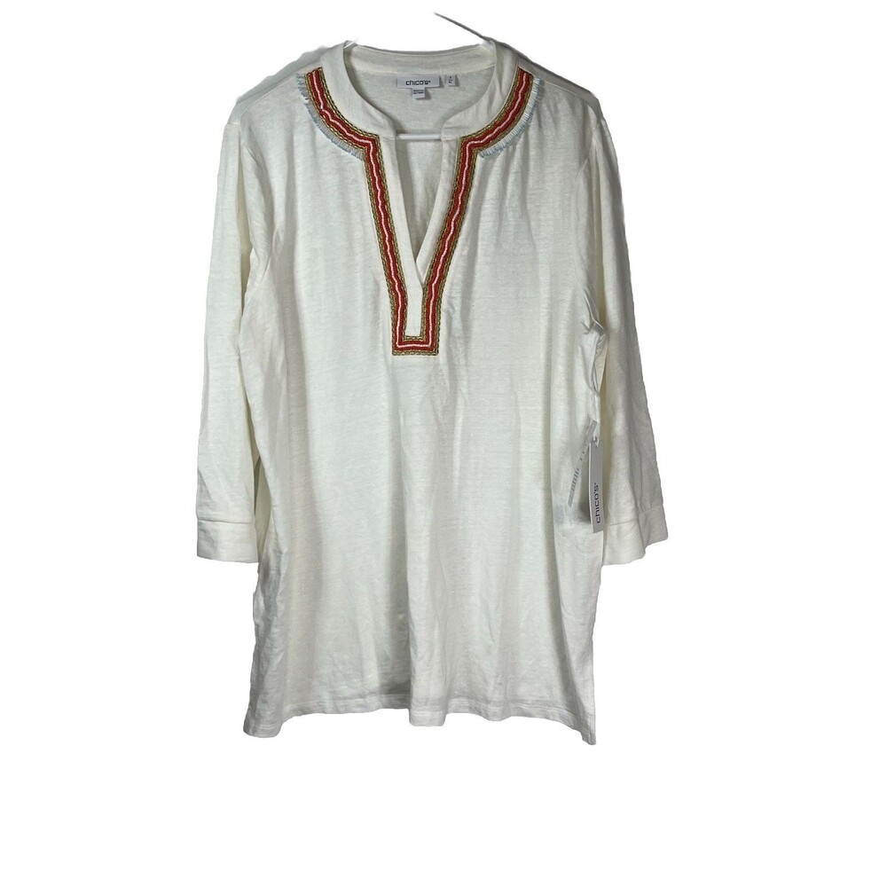 chicos NWT Beaded Collar Linen Blend 3/4 Blouse size 3 XL aztec Navajo